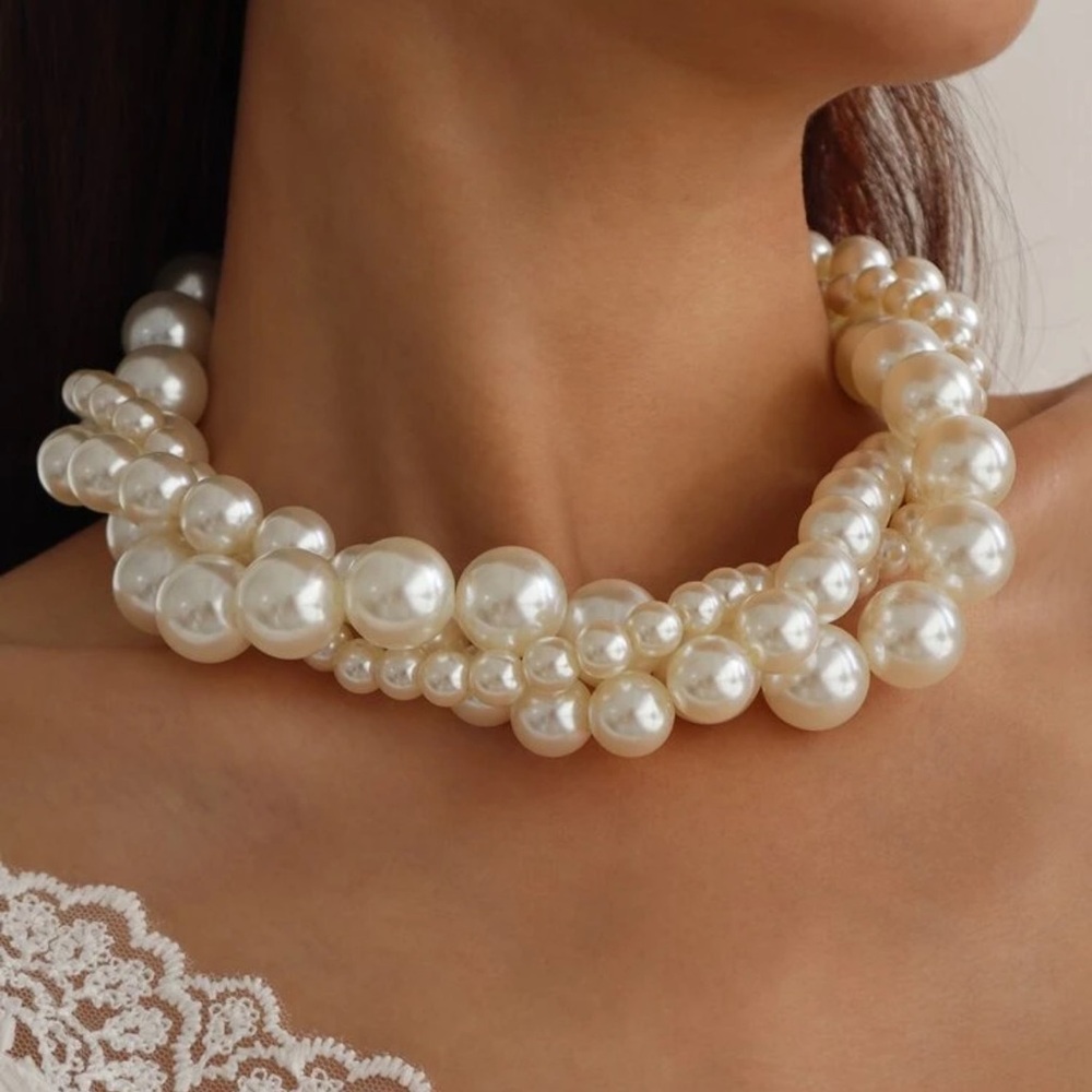 New! Vegan Pearl Multi-Strand Twisted Choker Necklace - Picture 1 of 3